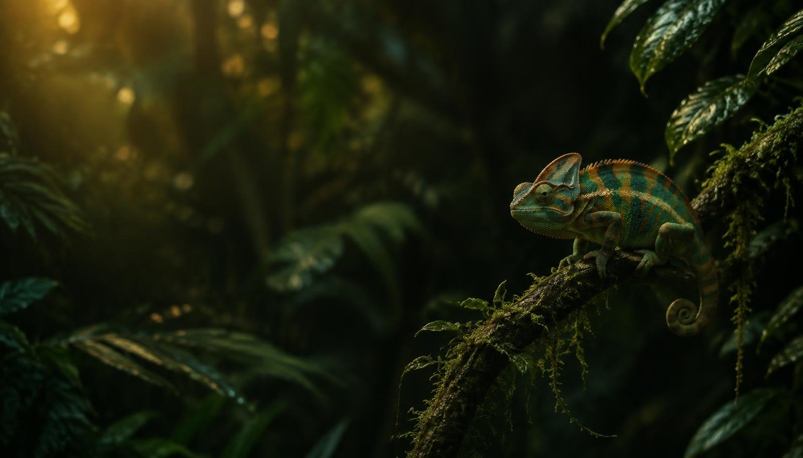 Chameleon on a mossy branch